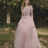 Pink tulle lace long prom dress pink evening gown - Thumbnail 4