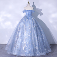 Blue tulle sequins long ball gown dress formal gown - Thumbnail 2