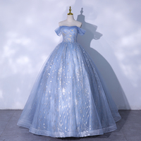 Blue tulle sequins long ball gown dress formal gown - Thumbnail 4