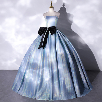 Blue satin long ball gown dress blue evening gown - Thumbnail 4