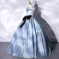 Blue satin long ball gown dress blue evening gown - Thumbnail 2