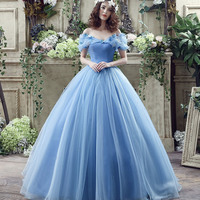 Blue tulle long A line prom dress evening gown - Thumbnail 1