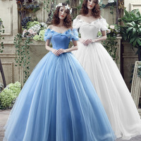 Blue tulle long A line prom dress evening gown - Thumbnail 4
