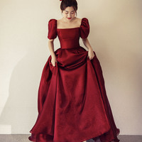 Red A line long prom dress red evening dress - Thumbnail 1