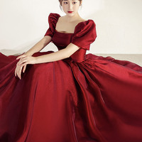 Red A line long prom dress red evening dress - Thumbnail 4