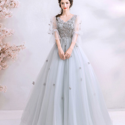 Gray tulle lace long prom dress a line evening gown