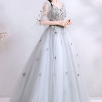 Gray tulle lace long prom dress A line evening gown - Thumbnail 1