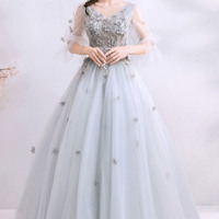 Gray tulle lace long prom dress A line evening gown - Thumbnail 2