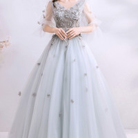 Gray tulle lace long prom dress A line evening gown - Thumbnail 4
