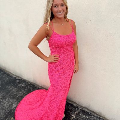 Sparkly mermaid scoop neck hot pink sequins prom dresses - Thumbnail 2