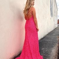 Sparkly Mermaid Scoop Neck Hot Pink Sequins Prom Dresses - Thumbnail 1