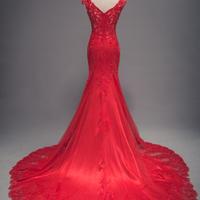 Beauty Mermaid Red Tulle Lace Evening Dress - Thumbnail 1