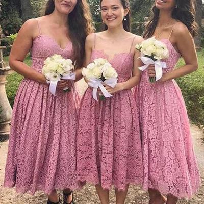 Spaghetti strap dusty rose sleeveless lace bridesmaid dresses - Thumbnail 1