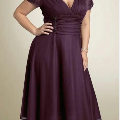 Short sleeve purple plus size party dress，667