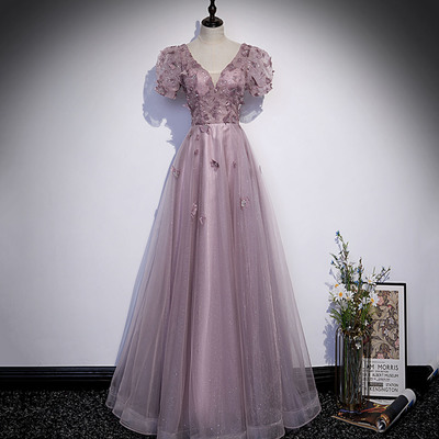 Pink tulle sequins long prom dress pink evening dress - Thumbnail 3