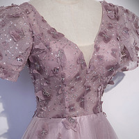 Pink tulle sequins long prom dress pink evening dress - Thumbnail 2