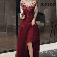Burgundy tulle beads long prom dress evening gown - Thumbnail 2