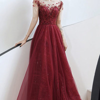 Burgundy tulle beads long prom dress evening gown - Thumbnail 5
