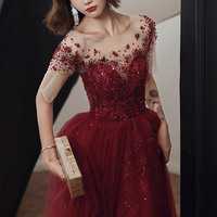 Burgundy tulle beads long prom dress evening gown - Thumbnail 6
