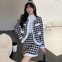 Classic Women French European Autumn Fall Winter Fashion Luxury Houndstooth Fur Collar White Black Pattern Jacket Two piece Skirt - Thumbnail 1