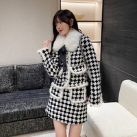 Classic Women French European Autumn Fall Winter Fashion Luxury Houndstooth Fur Collar White Black Pattern Jacket Two piece Skirt - Thumbnail 3