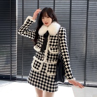 Classic Women French European Autumn Fall Winter Fashion Luxury Houndstooth Fur Collar White Black Pattern Jacket Two piece Skirt - Thumbnail 5