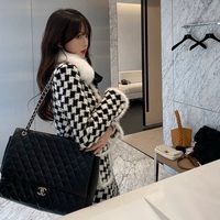 Classic Women French European Autumn Fall Winter Fashion Luxury Houndstooth Fur Collar White Black Pattern Jacket Two piece Skirt - Thumbnail 8