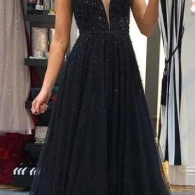 Fashion a-line black tulle long prom dress with beading - Thumbnail 3