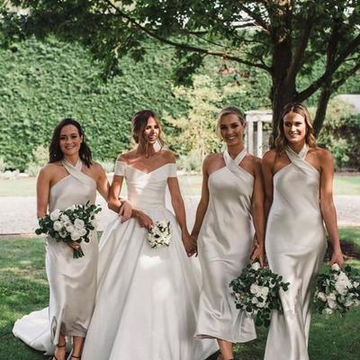 A line cross halter long slip stain bridesmaid dress - Thumbnail 3