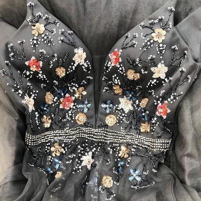 A line black tulle long prom dress with beaded floral - Thumbnail 3