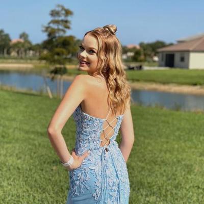 Light blue mermaid long prom dress with lace - Thumbnail 3