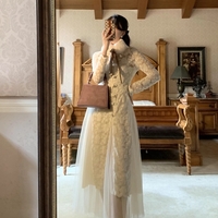 Romantic Classic Women French European Autumn Fall Winter Fashion Luxury Fur Collar Ribbon White Lace Layered Long Dress - Thumbnail 5