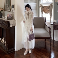 Romantic Classic Women French European Autumn Fall Winter Fashion Luxury Fur Collar Ribbon White Lace Layered Long Dress - Thumbnail 8