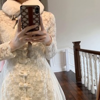 Romantic Classic Women French European Autumn Fall Winter Fashion Luxury Fur Collar Ribbon White Lace Layered Long Dress - Thumbnail 6