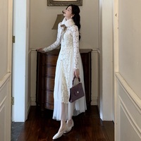 Romantic Classic Women French European Autumn Fall Winter Fashion Luxury Fur Collar Ribbon White Lace Layered Long Dress - Thumbnail 7