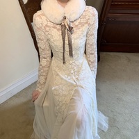 Romantic Classic Women French European Autumn Fall Winter Fashion Luxury Fur Collar Ribbon White Lace Layered Long Dress - Thumbnail 3