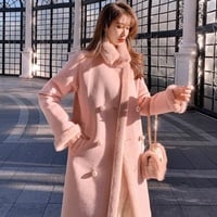 French Classic Sweet Spring Autumn Fall Winter Luxury Neck Strap Woolen Pink Blue Coat - Thumbnail 2