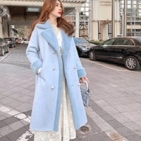 French Classic Sweet Spring Autumn Fall Winter Luxury Neck Strap Woolen Pink Blue Coat - Thumbnail 6