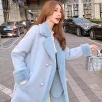 French Classic Sweet Spring Autumn Fall Winter Luxury Neck Strap Woolen Pink Blue Coat - Thumbnail 8
