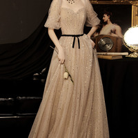 Cute tulle long prom dress A line evening gown - Thumbnail 1