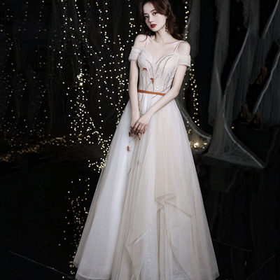 Cute tulle beads long prom dress a line evening gown - Thumbnail 2