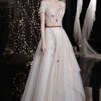 Cute tulle beads long prom dress A line evening gown - Thumbnail 1