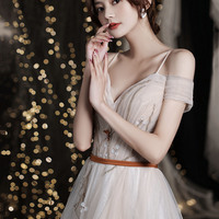 Cute tulle beads long prom dress A line evening gown - Thumbnail 2