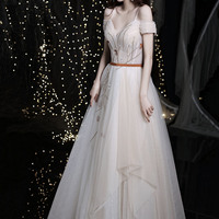 Cute tulle beads long prom dress A line evening gown - Thumbnail 4