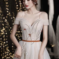 Cute tulle beads long prom dress A line evening gown - Thumbnail 3