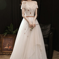 Cute tulle beads long prom dress A line evening gown - Thumbnail 5