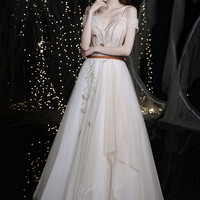 Cute tulle beads long prom dress A line evening gown - Thumbnail 6