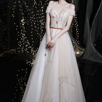 Cute tulle beads long prom dress A line evening gown - Thumbnail 8