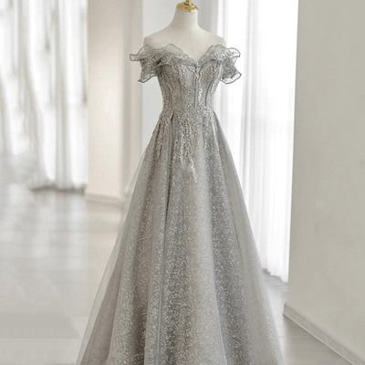 Gray tulle beads long prom dress evening gown - Thumbnail 4