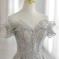 Gray tulle beads long prom dress evening gown - Thumbnail 1